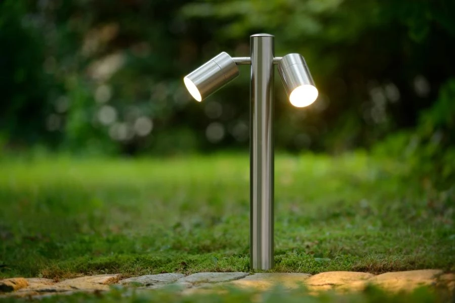 Lucide ARNE-LED - Bollard light - Ø 6,3 cm - LED - GU10 - 2x5W 2700K - IP44 - Satin Chrome - atmosphere 1